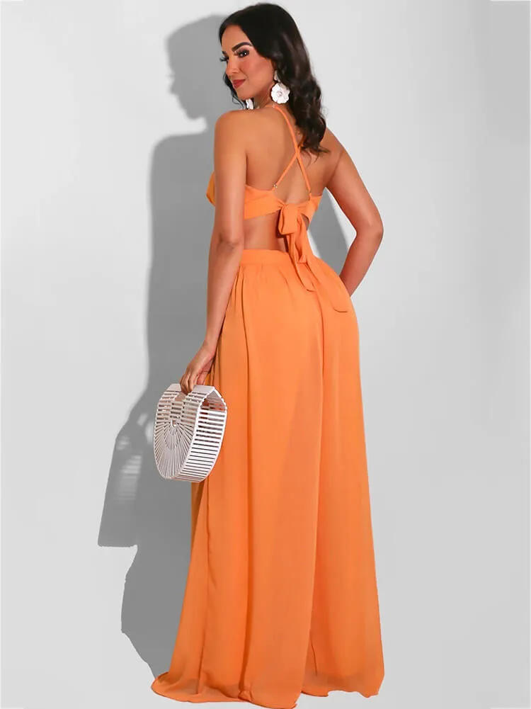 Spaghetti Strap Chiffon Backless Wide Leg Jumpsuits