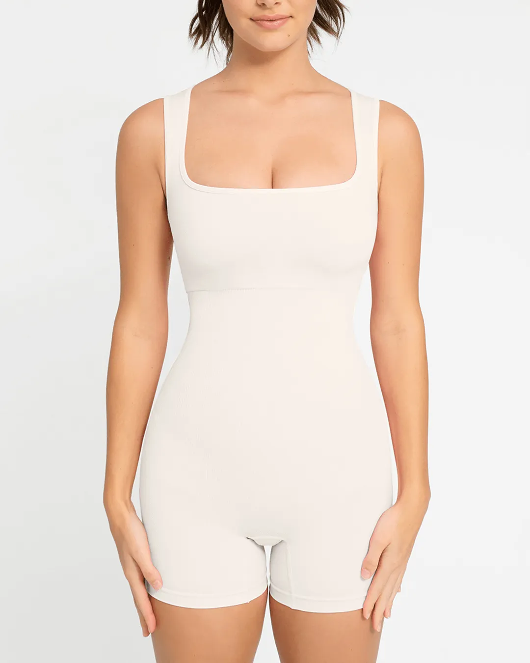 Square Neck Short Jumpsuit - Seamless Shaping - White