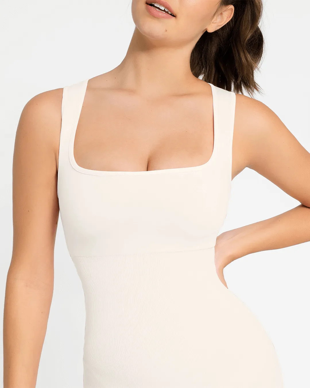 Square Neck Short Jumpsuit - Seamless Shaping - White