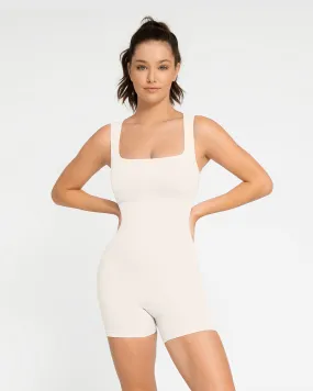 Square Neck Short Jumpsuit - Seamless Shaping - White