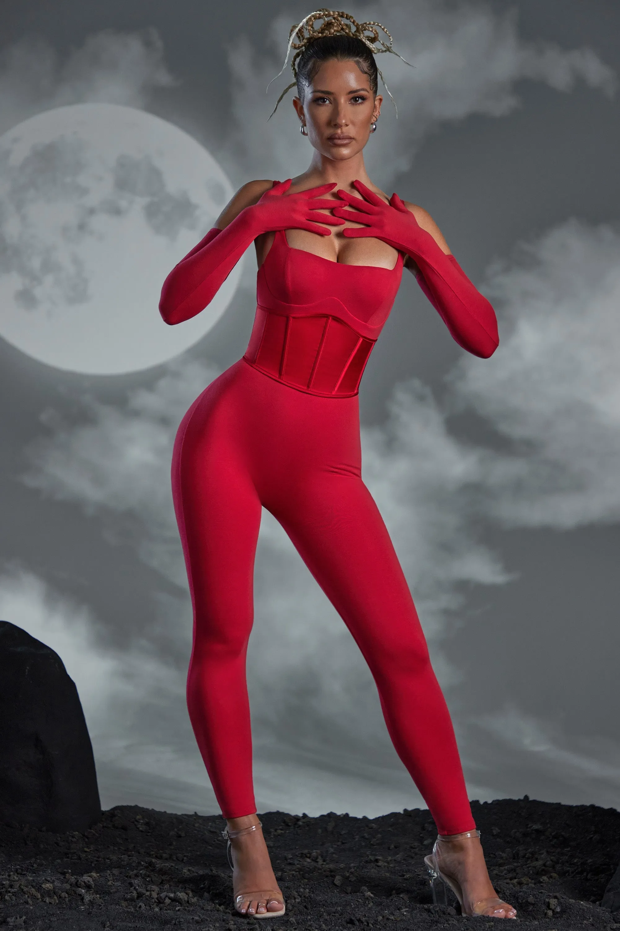 Square Neckline Jumpsuit with Gloves in Red