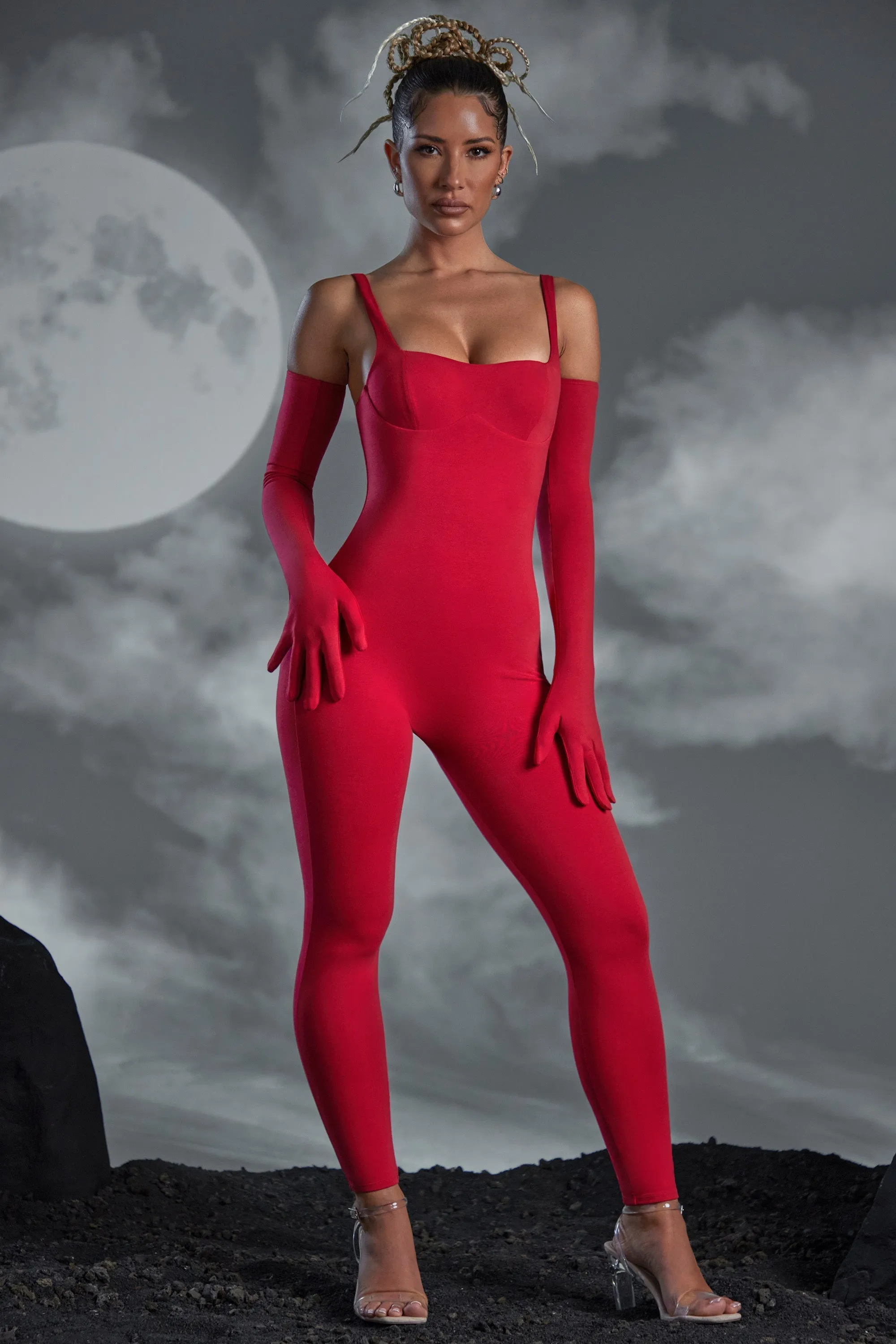 Square Neckline Jumpsuit with Gloves in Red