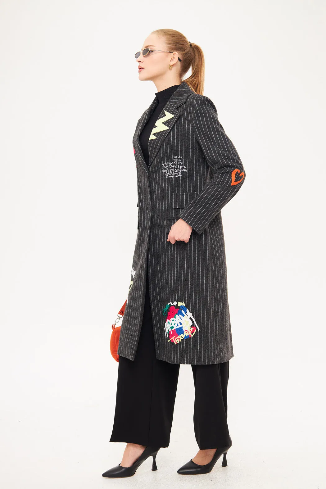 Sticker-Like Design Striped Midi Coat