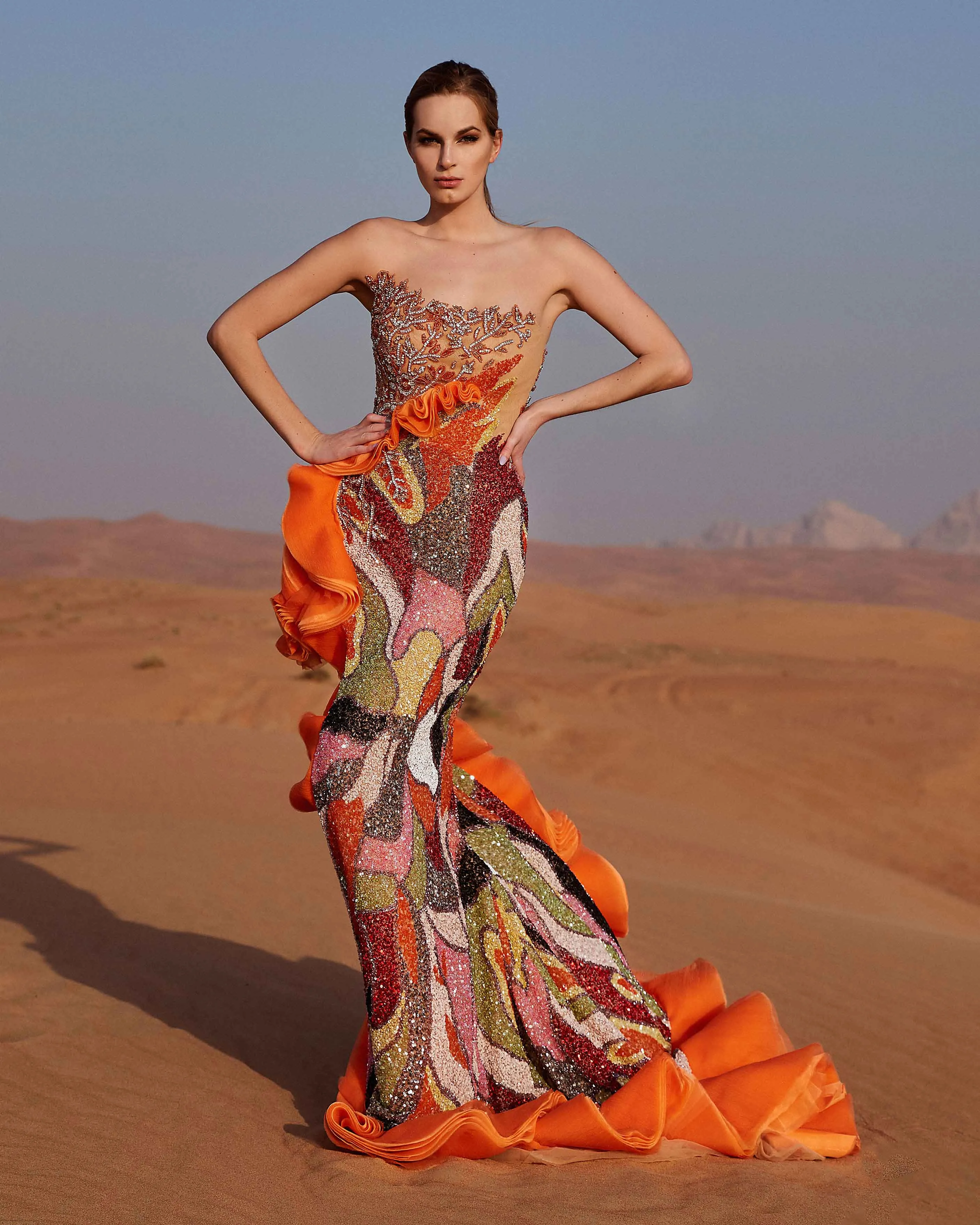 Strapless Embroidered Orange Gown