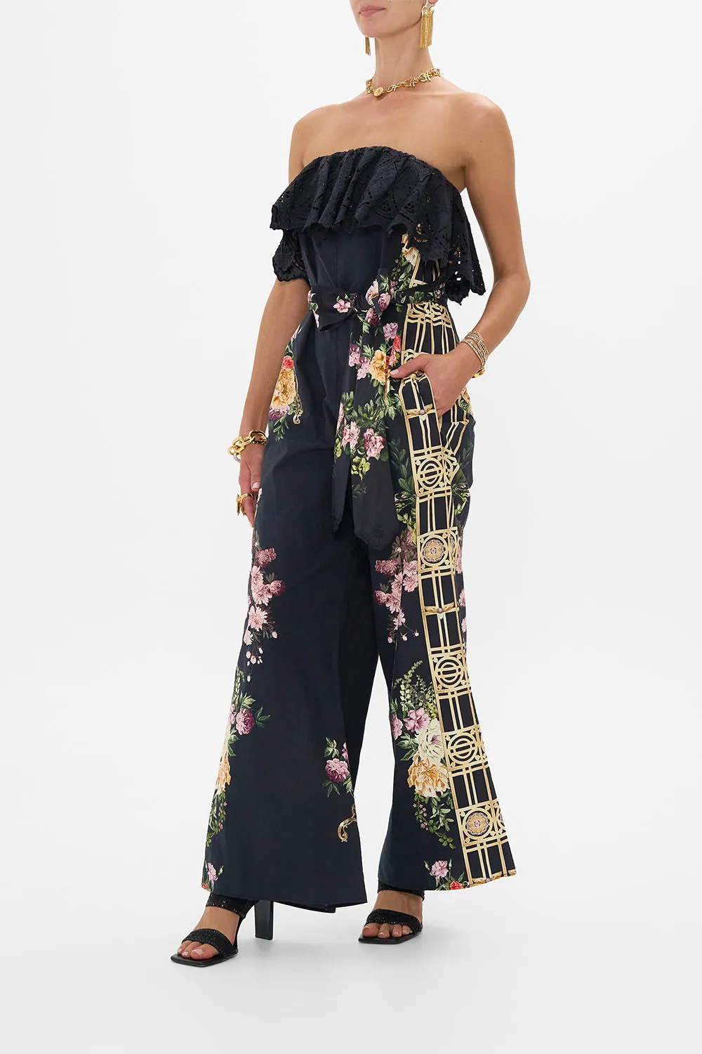 STRAPLESS JUMPSUIT WITH FRILL ADORNED IN ALEXANDRIA