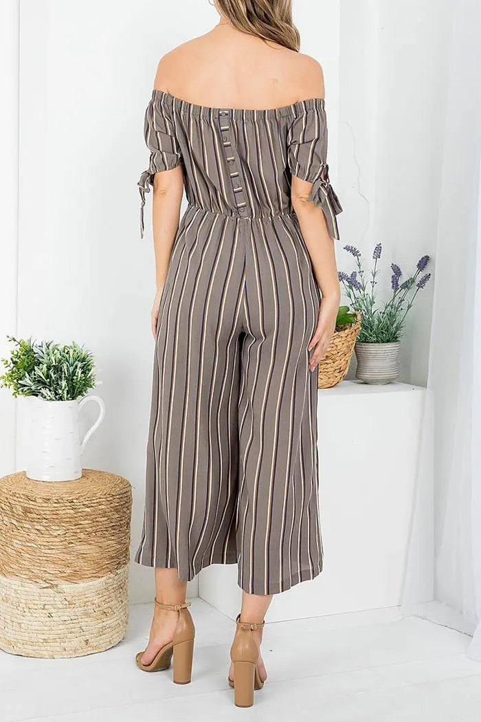 Stripe Off Shoulder Tie Sleeve Jumps