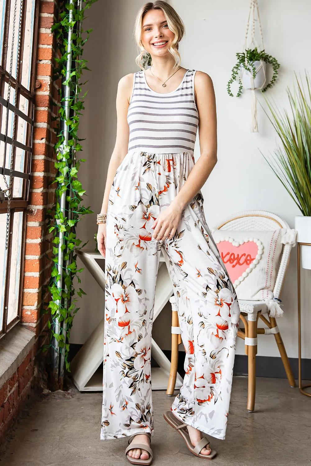 Striped Floral Sleeveless Wide Leg Jumpsuit with Pockets