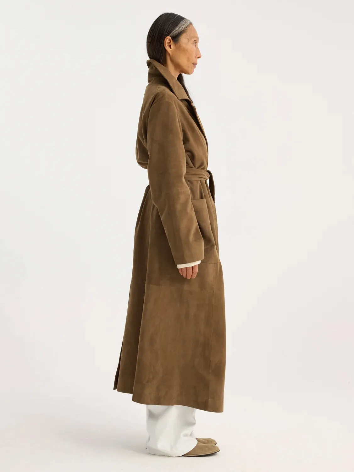 suede belted wrap coat - light khaki