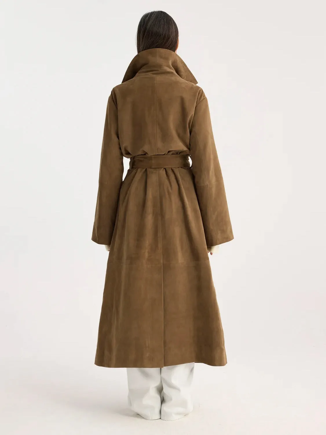 suede belted wrap coat - light khaki