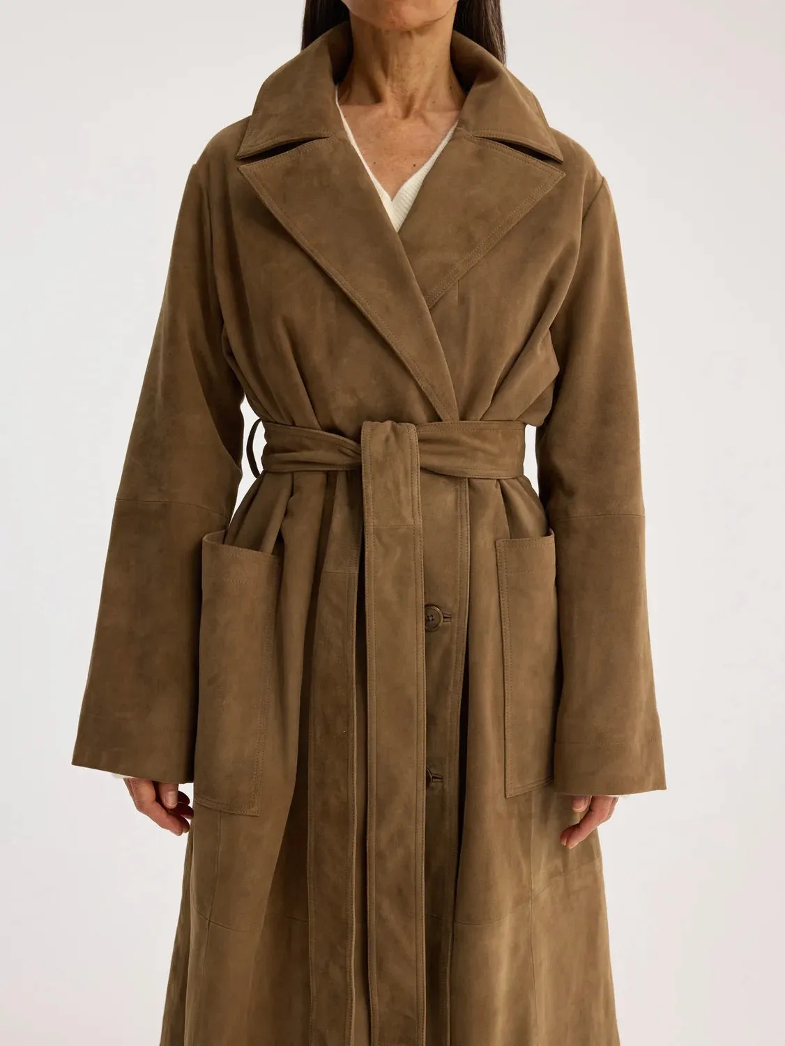 suede belted wrap coat - light khaki