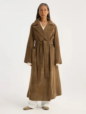 suede belted wrap coat - light khaki