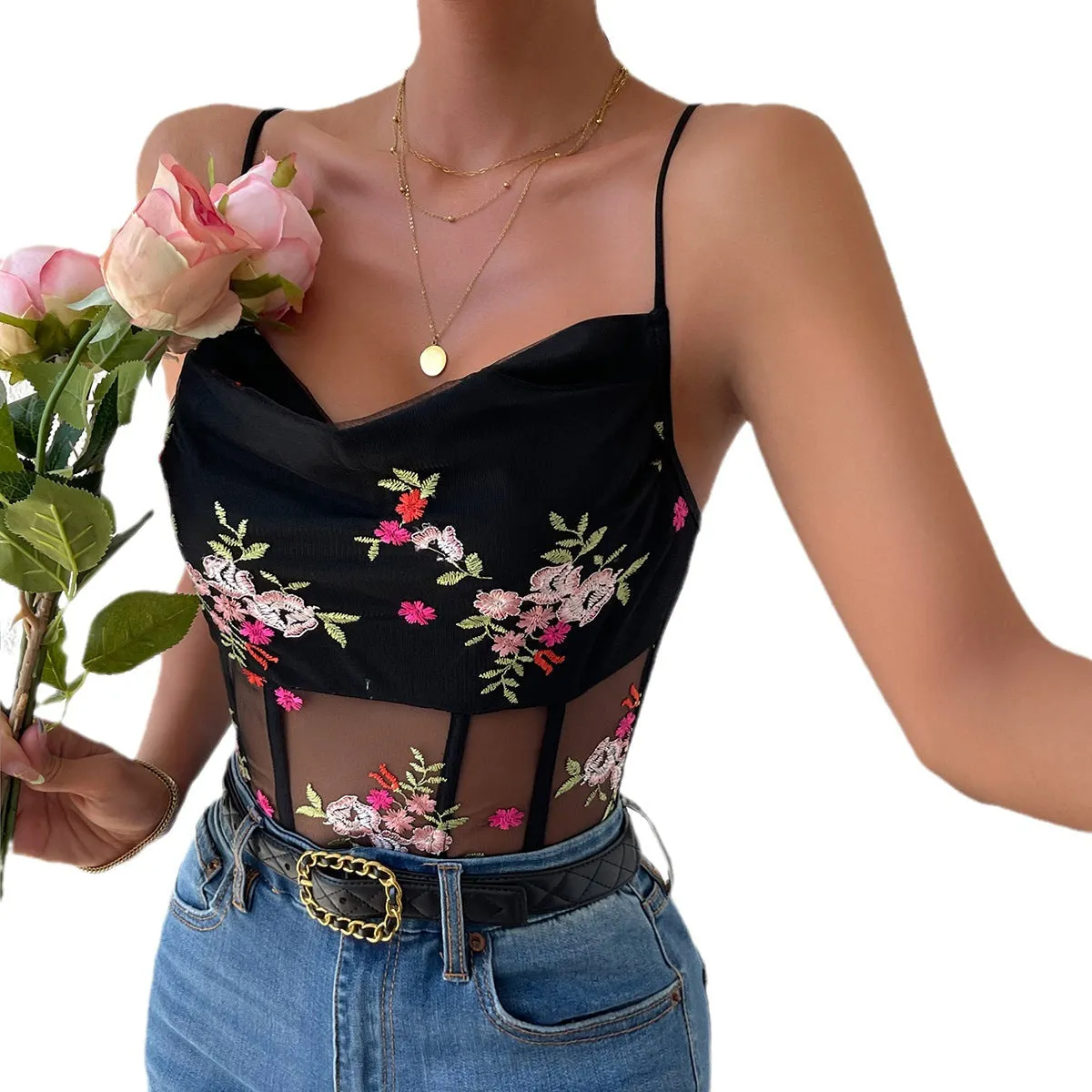 Sultry Floral Embroidered Mesh Sheer Camisole Bodysuit