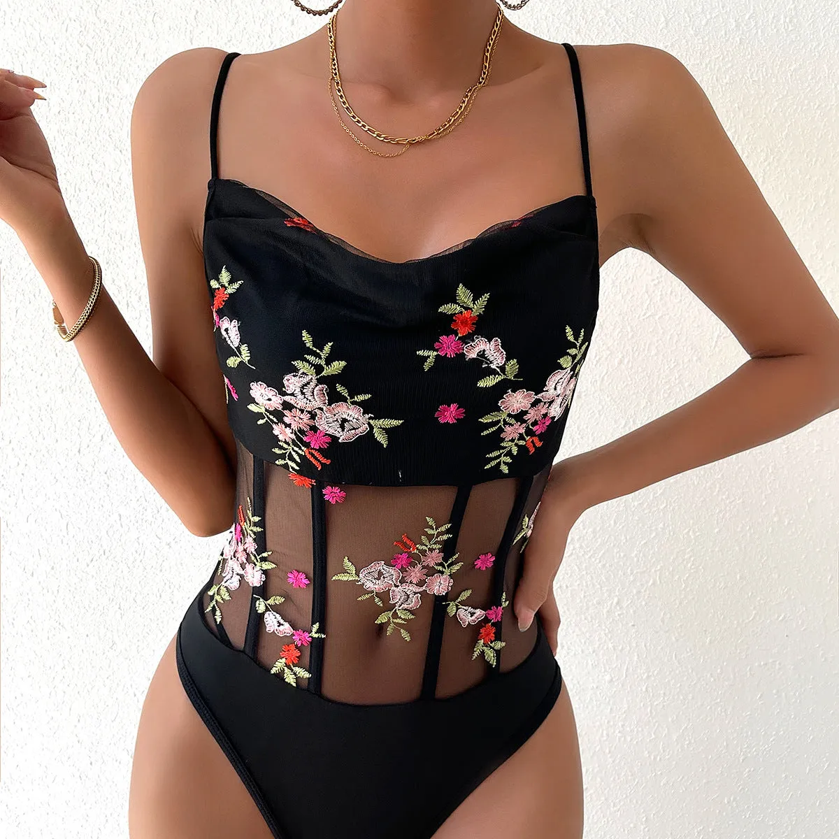 Sultry Floral Embroidered Mesh Sheer Camisole Bodysuit