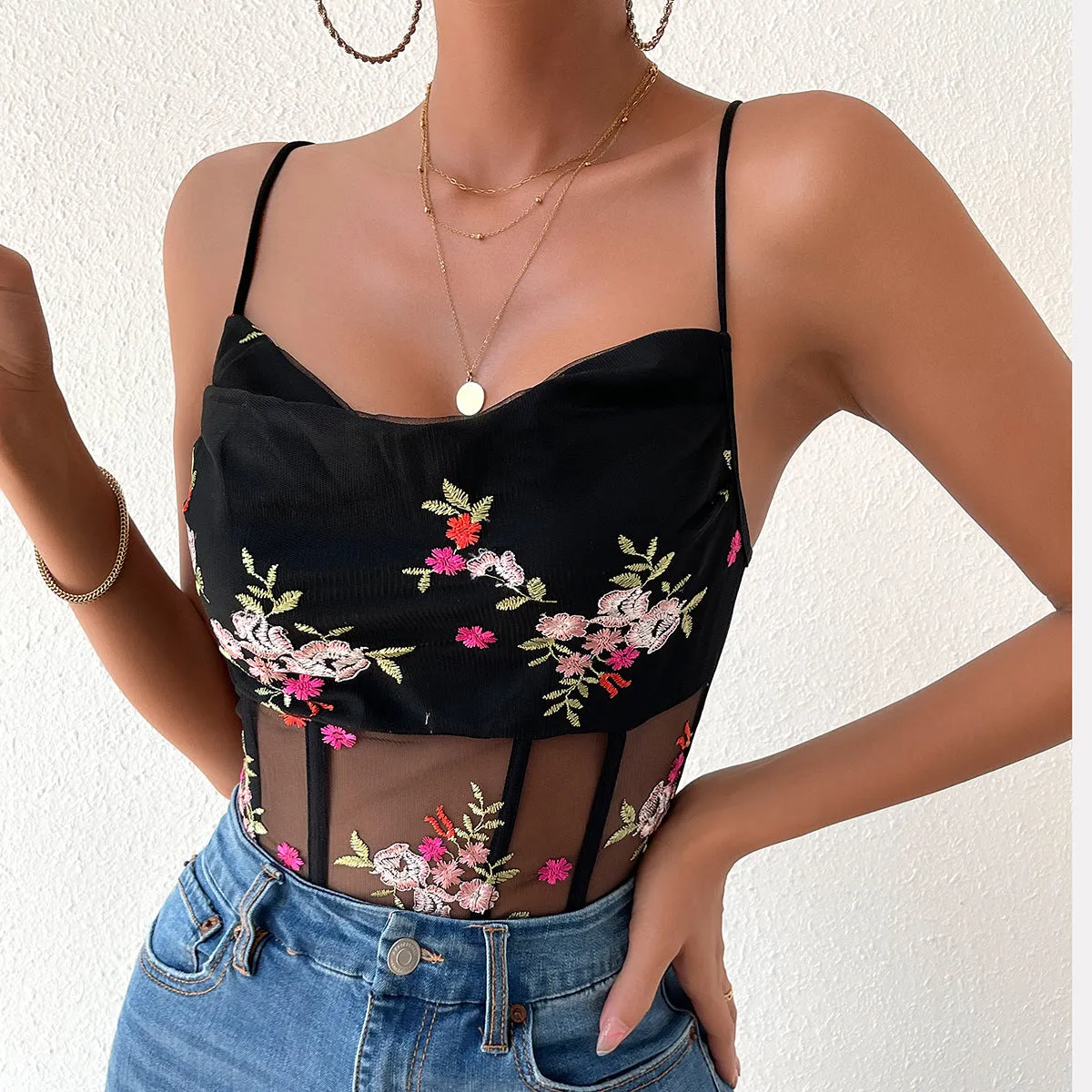 Sultry Floral Embroidered Mesh Sheer Camisole Bodysuit