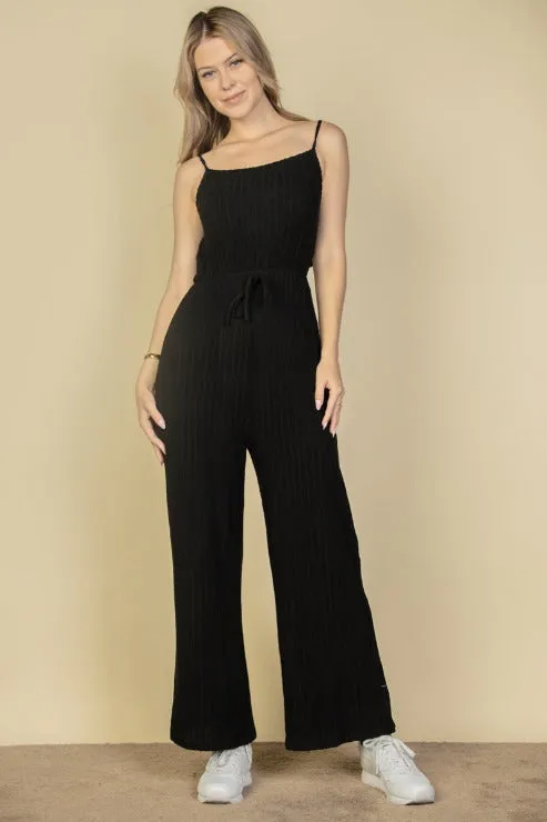 Sweater-Knit Fuzzy Frenchy Tie Front Cami Jumpsuit