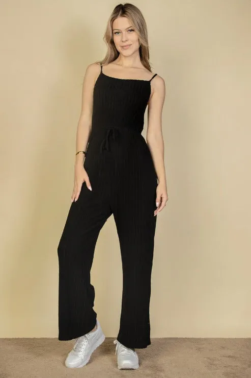 Sweater-Knit Fuzzy Frenchy Tie Front Cami Jumpsuit