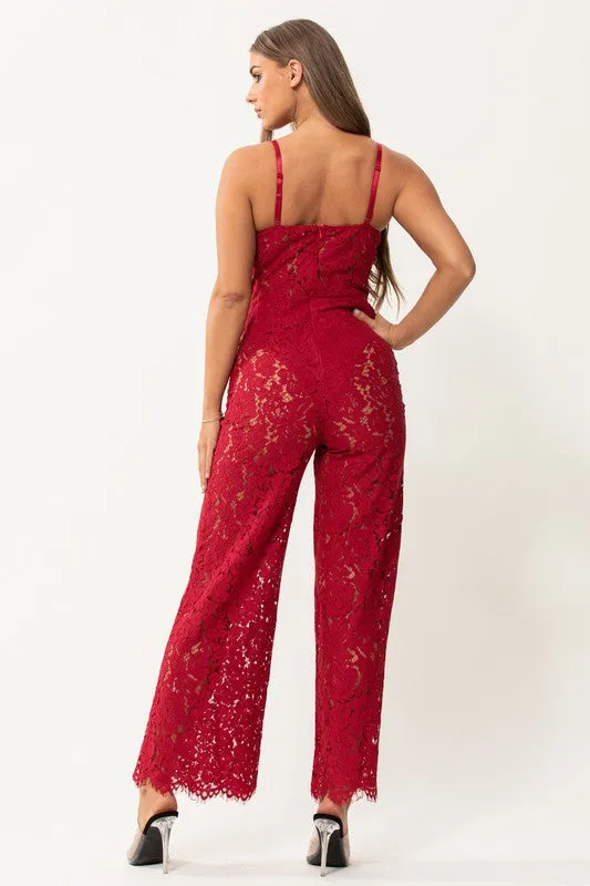 Sweetheart Lace Red Sleeveless Jumpsuit