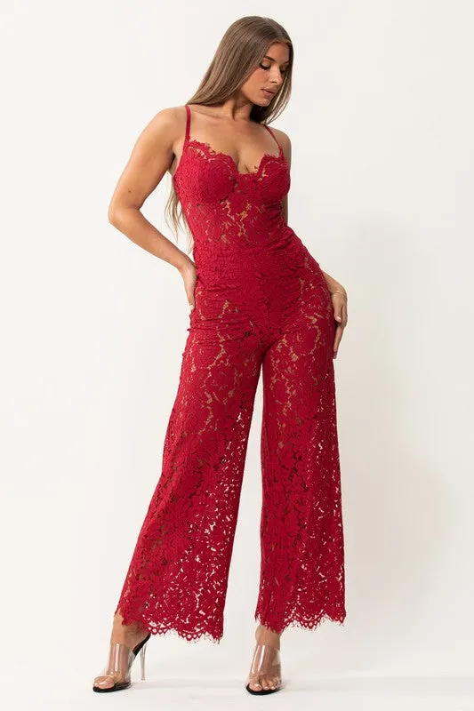 Sweetheart Lace Red Sleeveless Jumpsuit