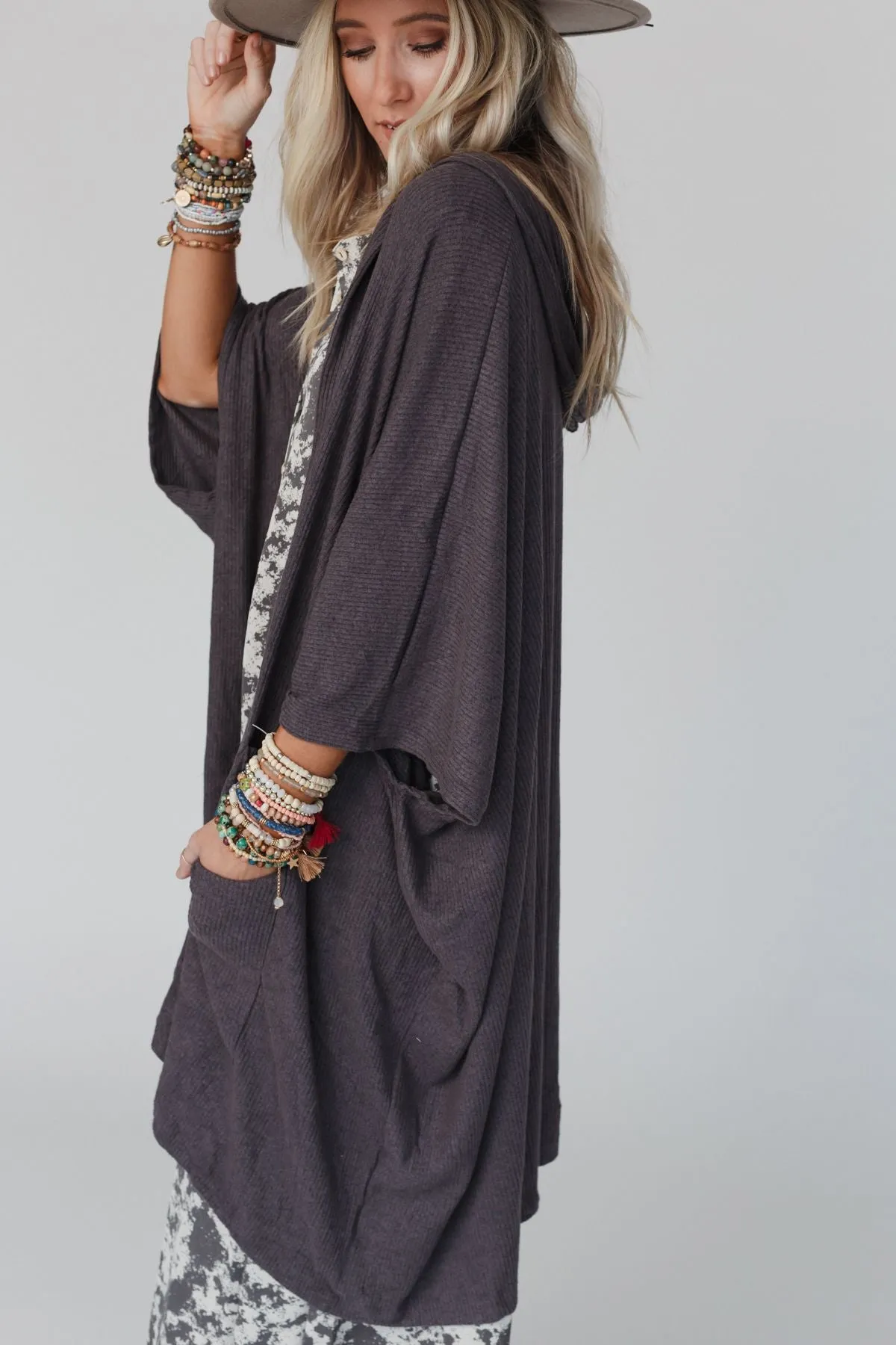 The Nest Boho Essential Hooded Ribbed Sweater - Charcoal