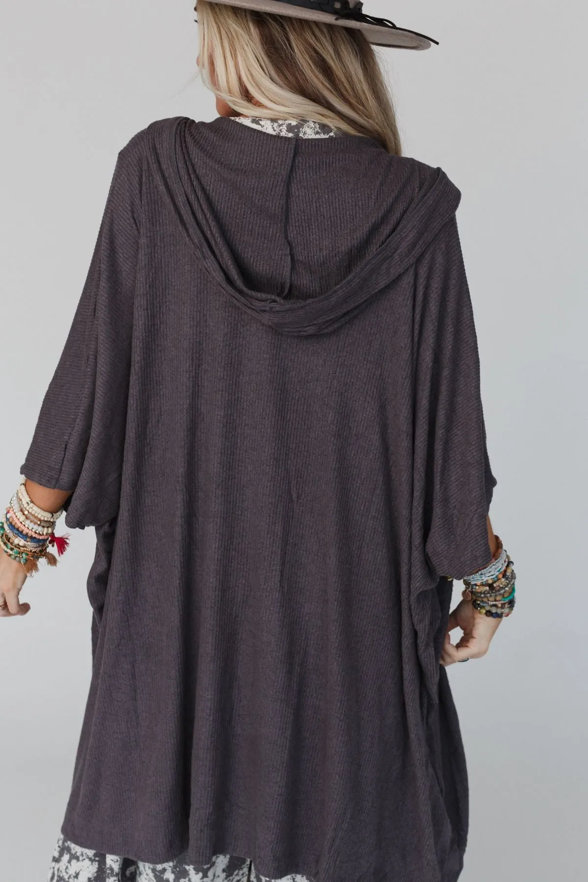 The Nest Boho Essential Hooded Ribbed Sweater - Charcoal