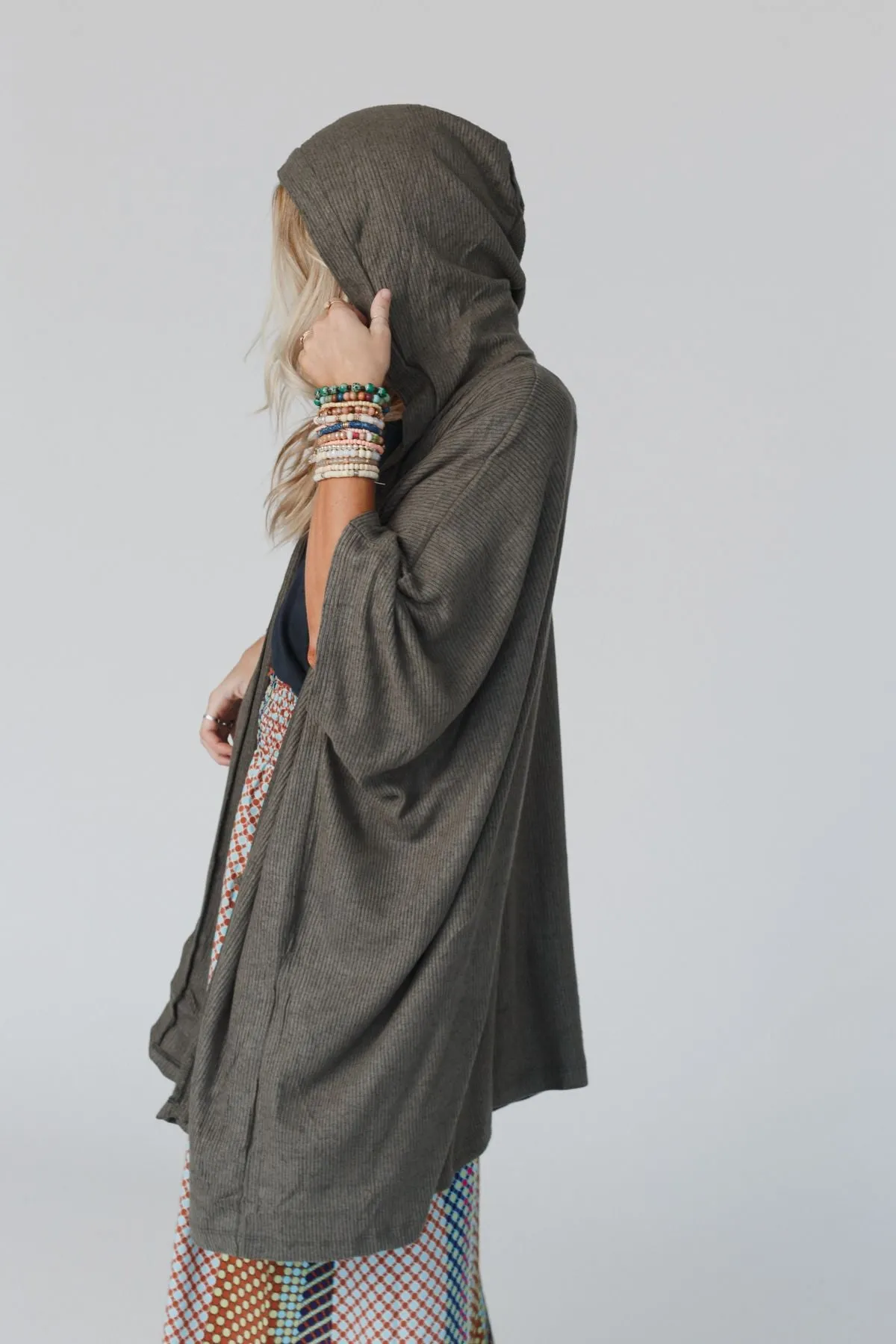 The Nest Boho Essential Hooded Ribbed Sweater - Olive