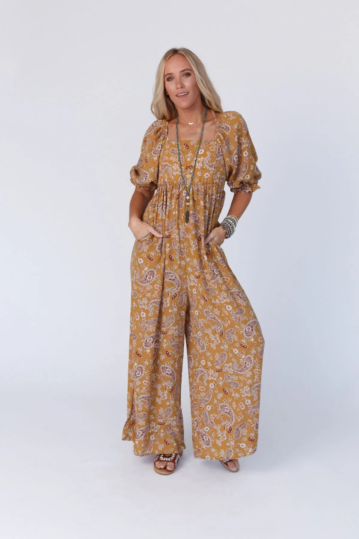 The Nest Charlotte Printed Wide Leg Jumpsuit - Mustard Paisley