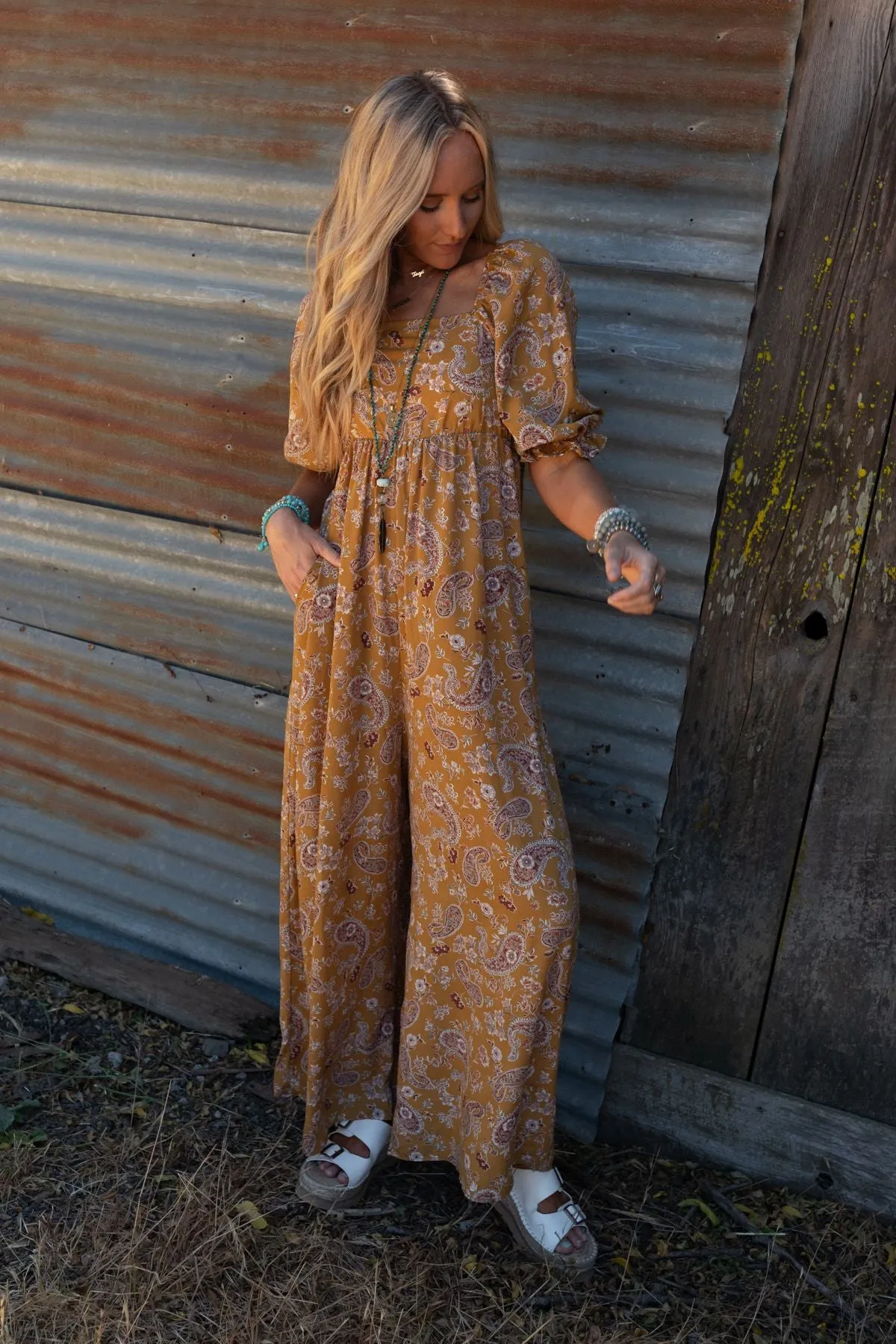 The Nest Charlotte Printed Wide Leg Jumpsuit - Mustard Paisley