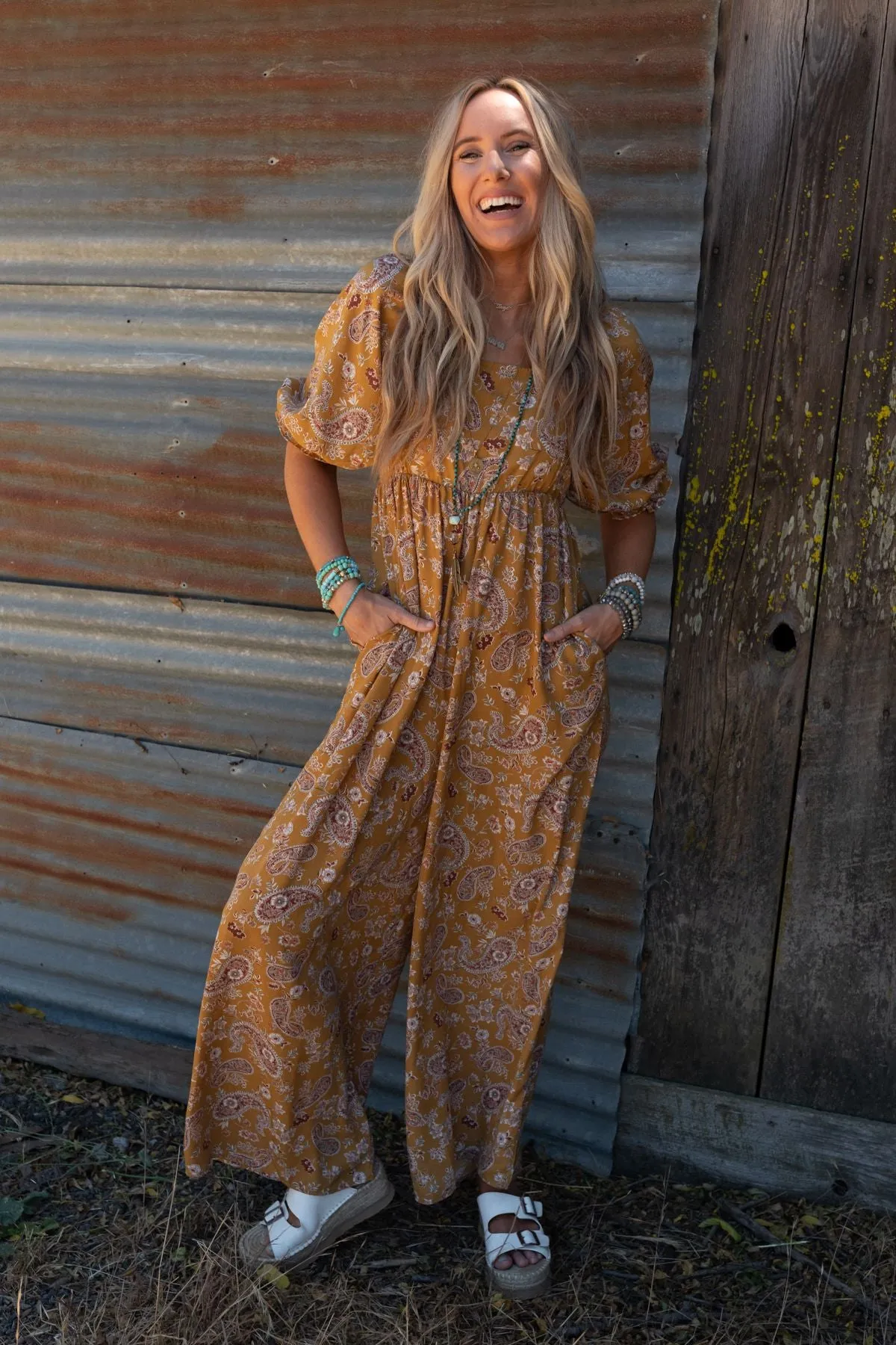 The Nest Charlotte Printed Wide Leg Jumpsuit - Mustard Paisley