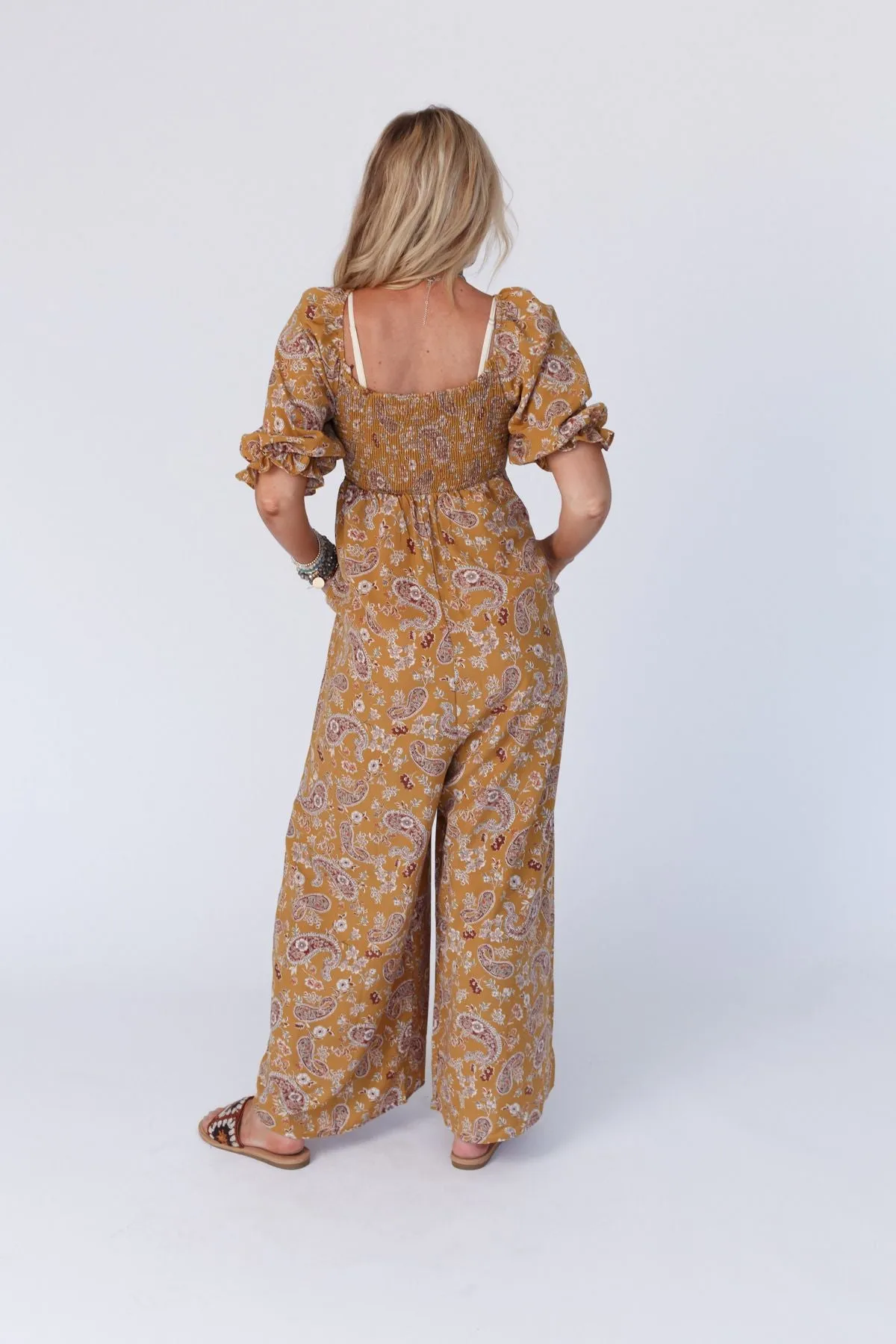 The Nest Charlotte Printed Wide Leg Jumpsuit - Mustard Paisley