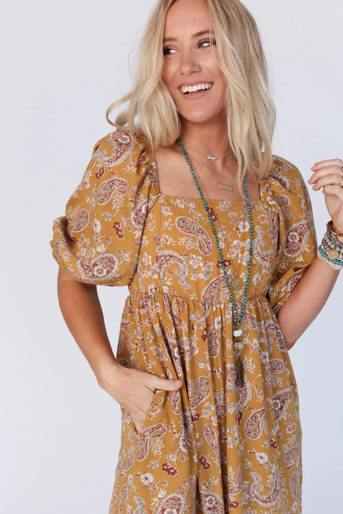 The Nest Charlotte Printed Wide Leg Jumpsuit - Mustard Paisley