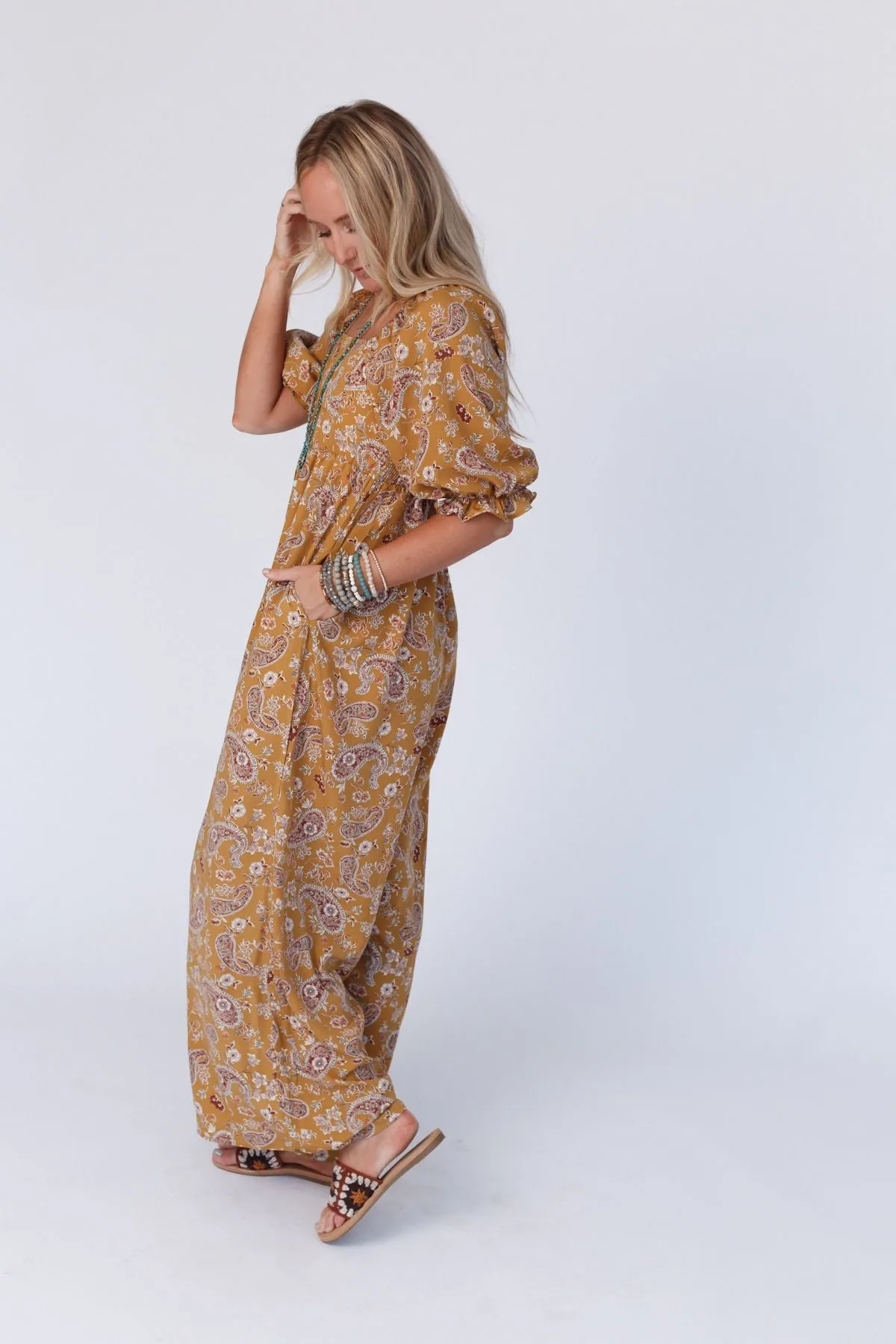 The Nest Charlotte Printed Wide Leg Jumpsuit - Mustard Paisley