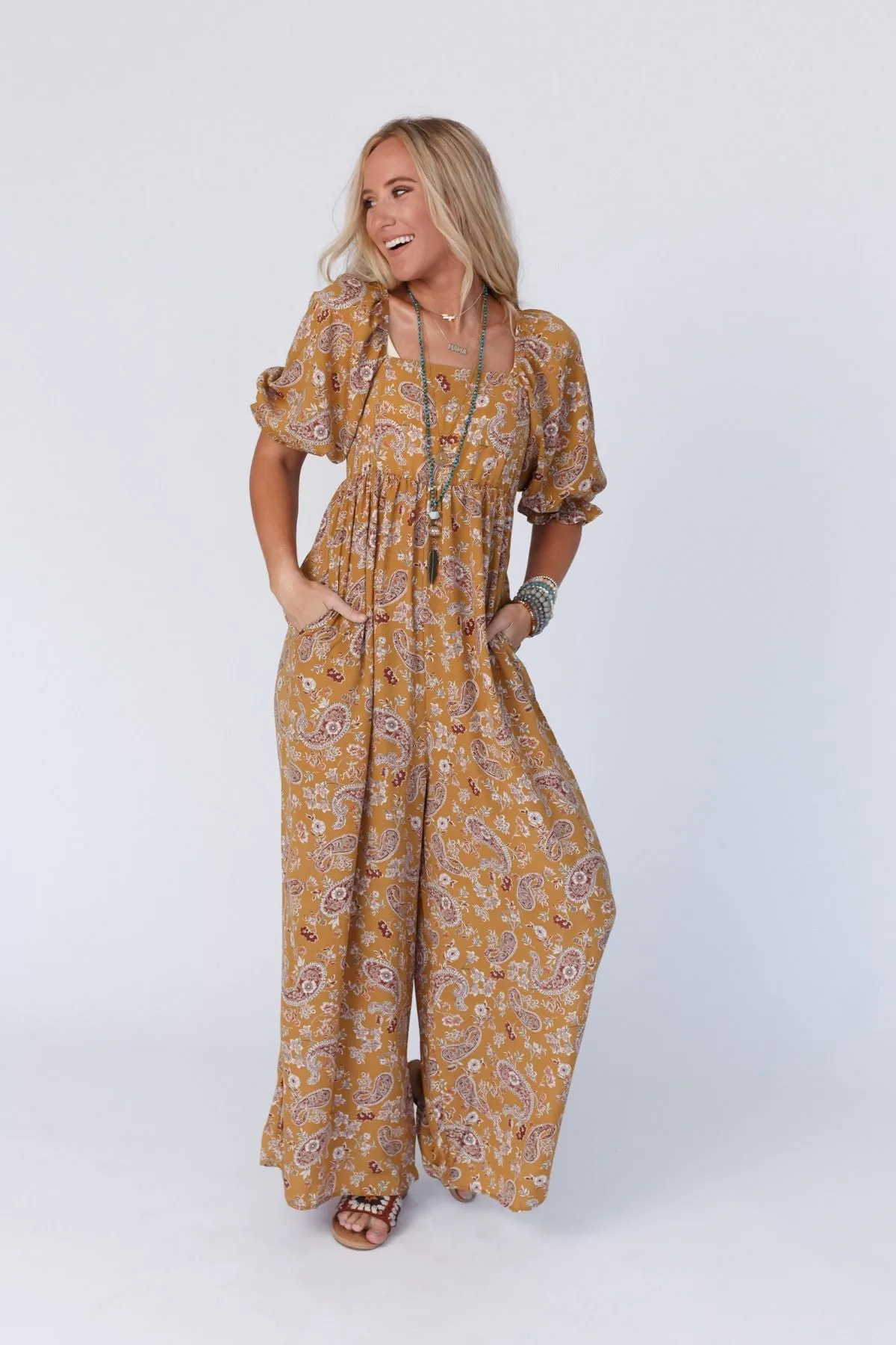 The Nest Charlotte Printed Wide Leg Jumpsuit - Mustard Paisley