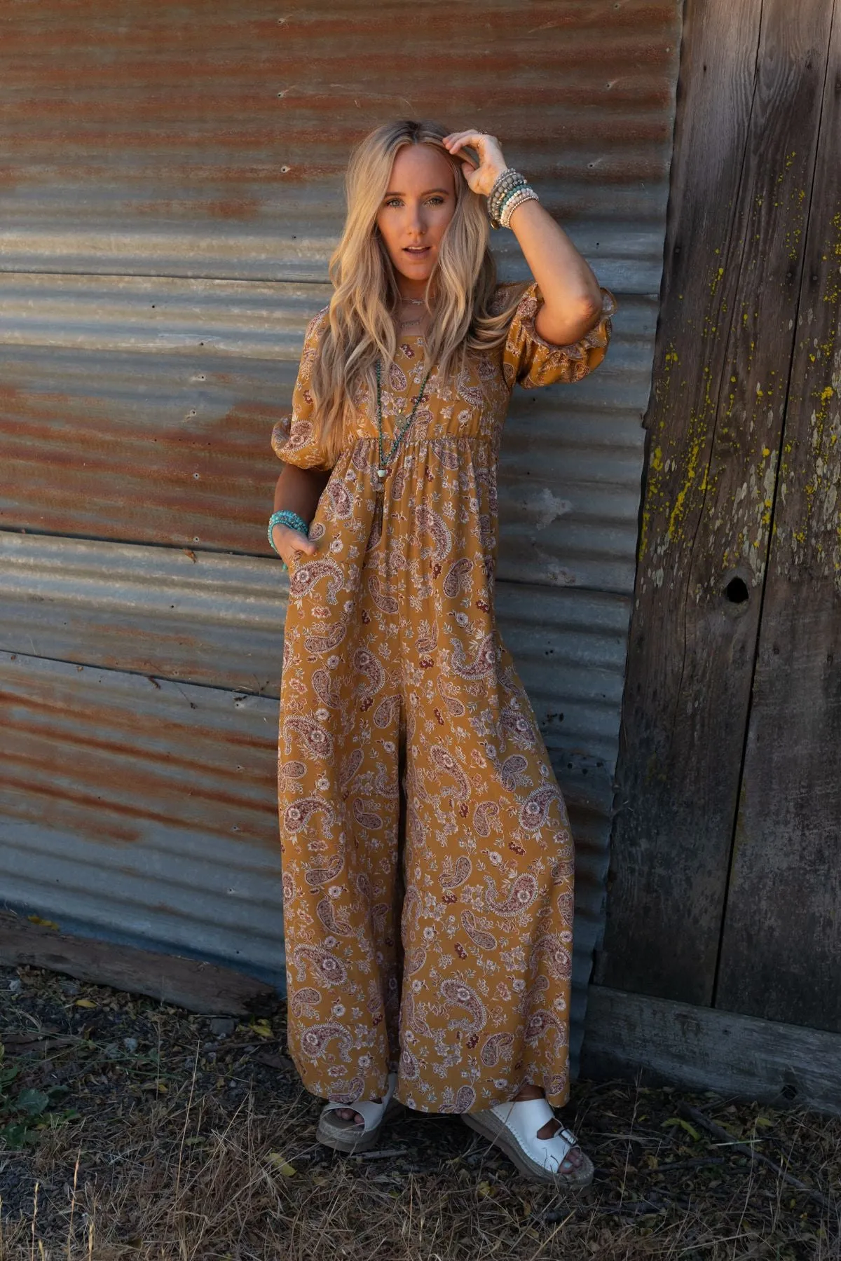 The Nest Charlotte Printed Wide Leg Jumpsuit - Mustard Paisley