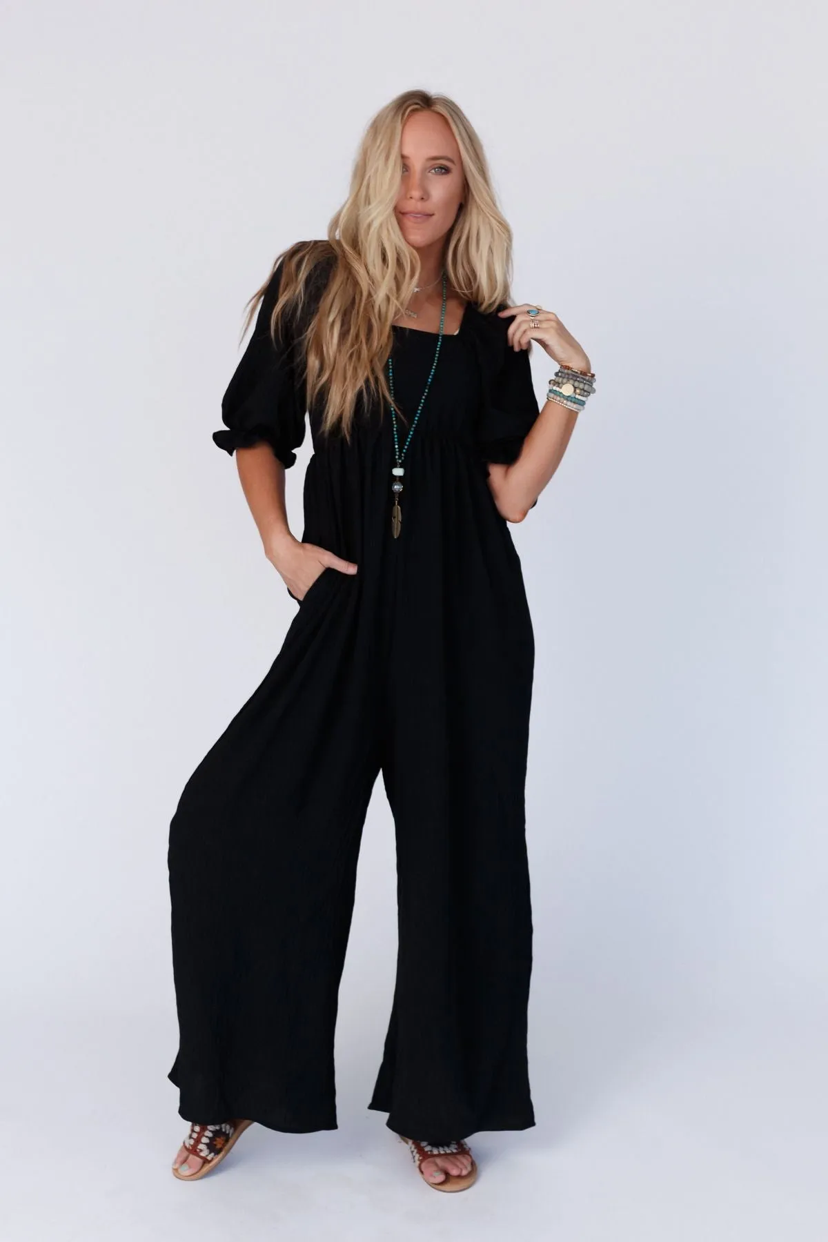 The Nest Charlotte Solid Wide Leg Jumpsuit - Black