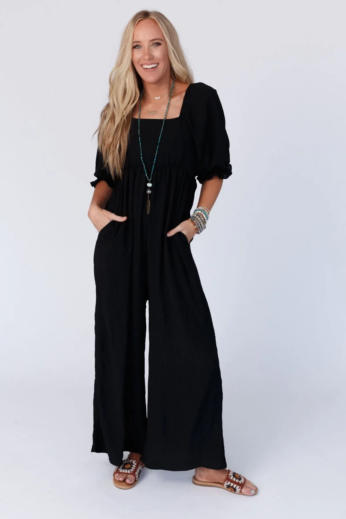 The Nest Charlotte Solid Wide Leg Jumpsuit - Black