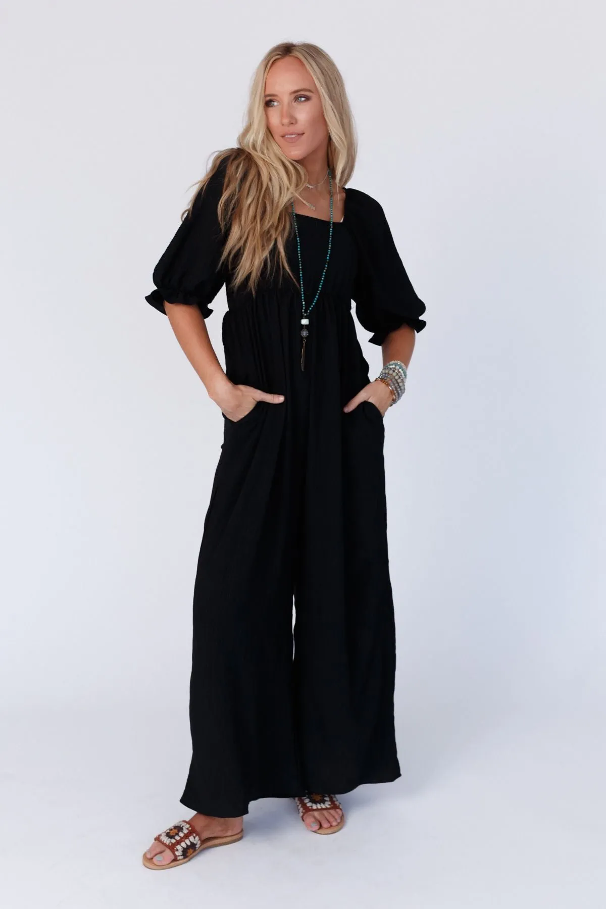 The Nest Charlotte Solid Wide Leg Jumpsuit - Black