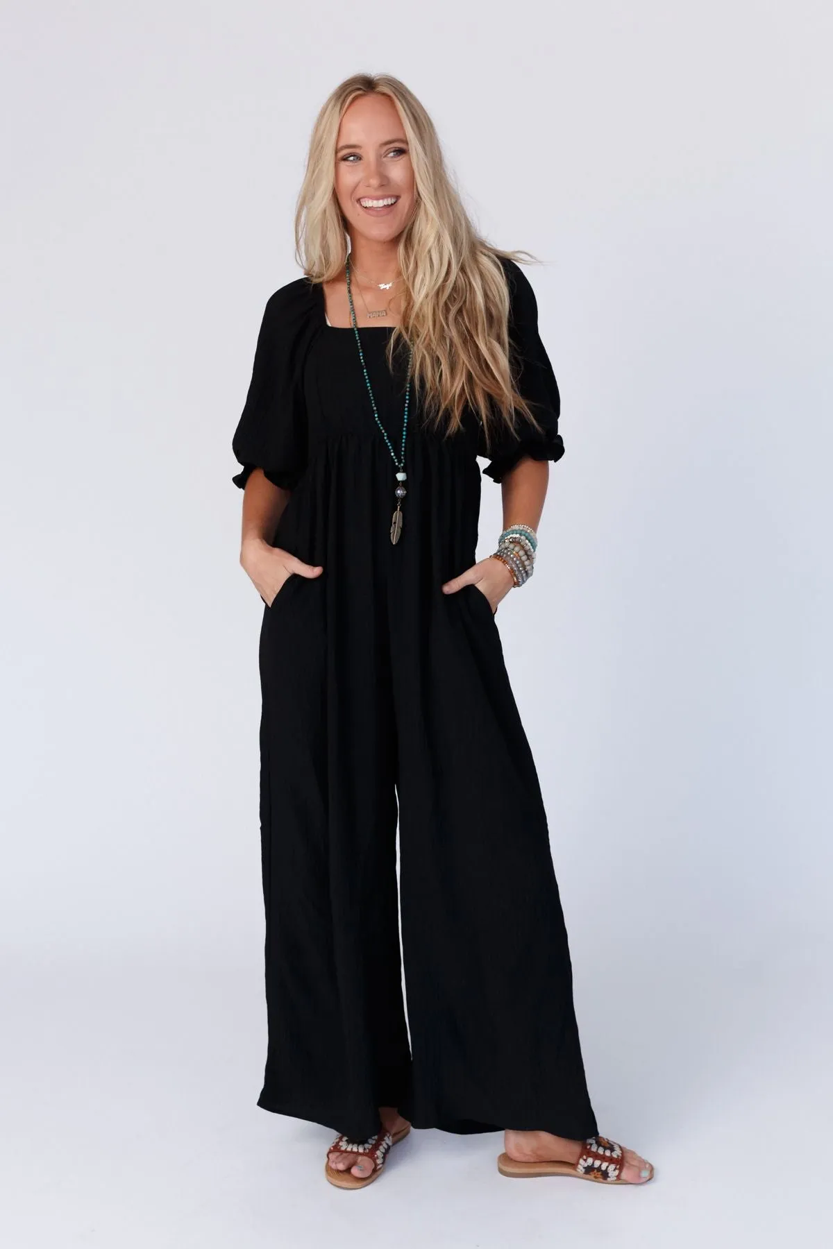 The Nest Charlotte Solid Wide Leg Jumpsuit - Black