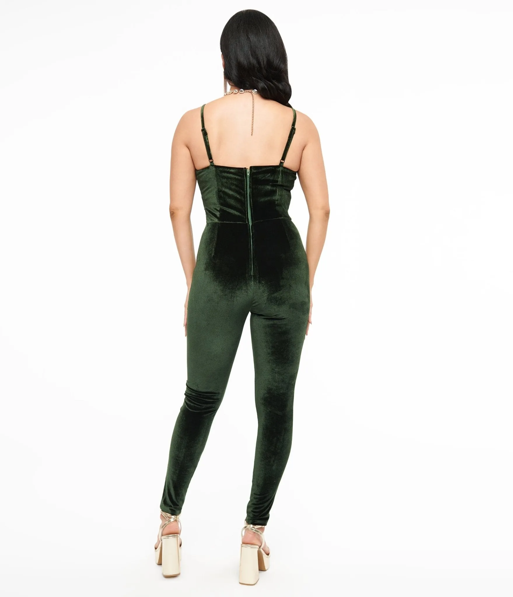 Unique Vintage 1970s Dark Green Velvet Jumpsuit