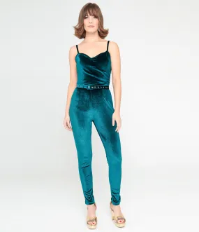 Unique Vintage 1970s Teal Velvet Jumpsuit