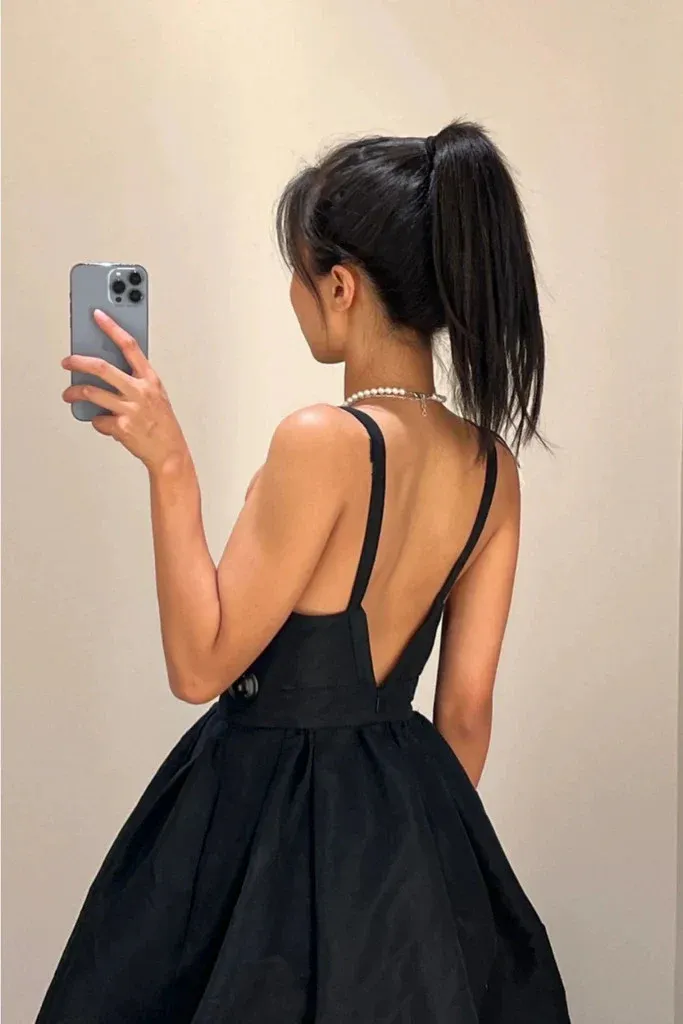 V Neck Black Backless Satin Short Prom Dresses, Open Back V Neck Short Black Formal Evening Homecoming Graduation Dresses      fg6031