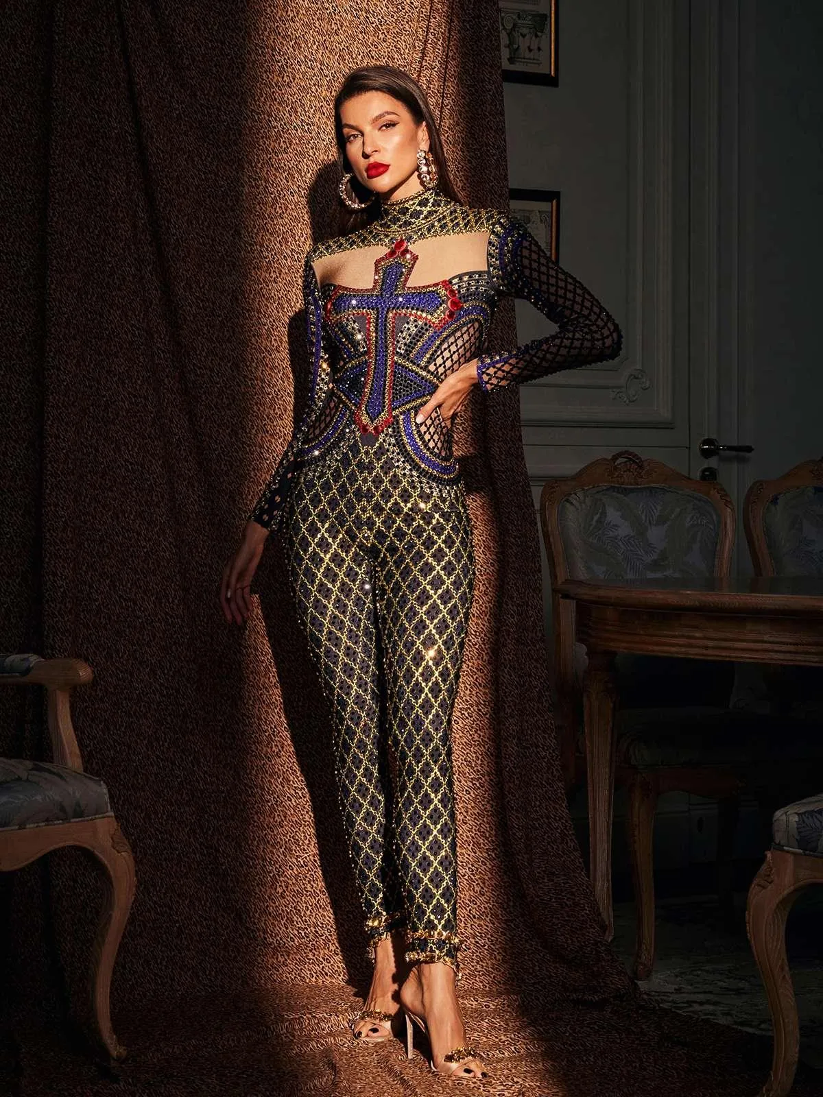 Venetia Printed Rhinestone Jumpsuit