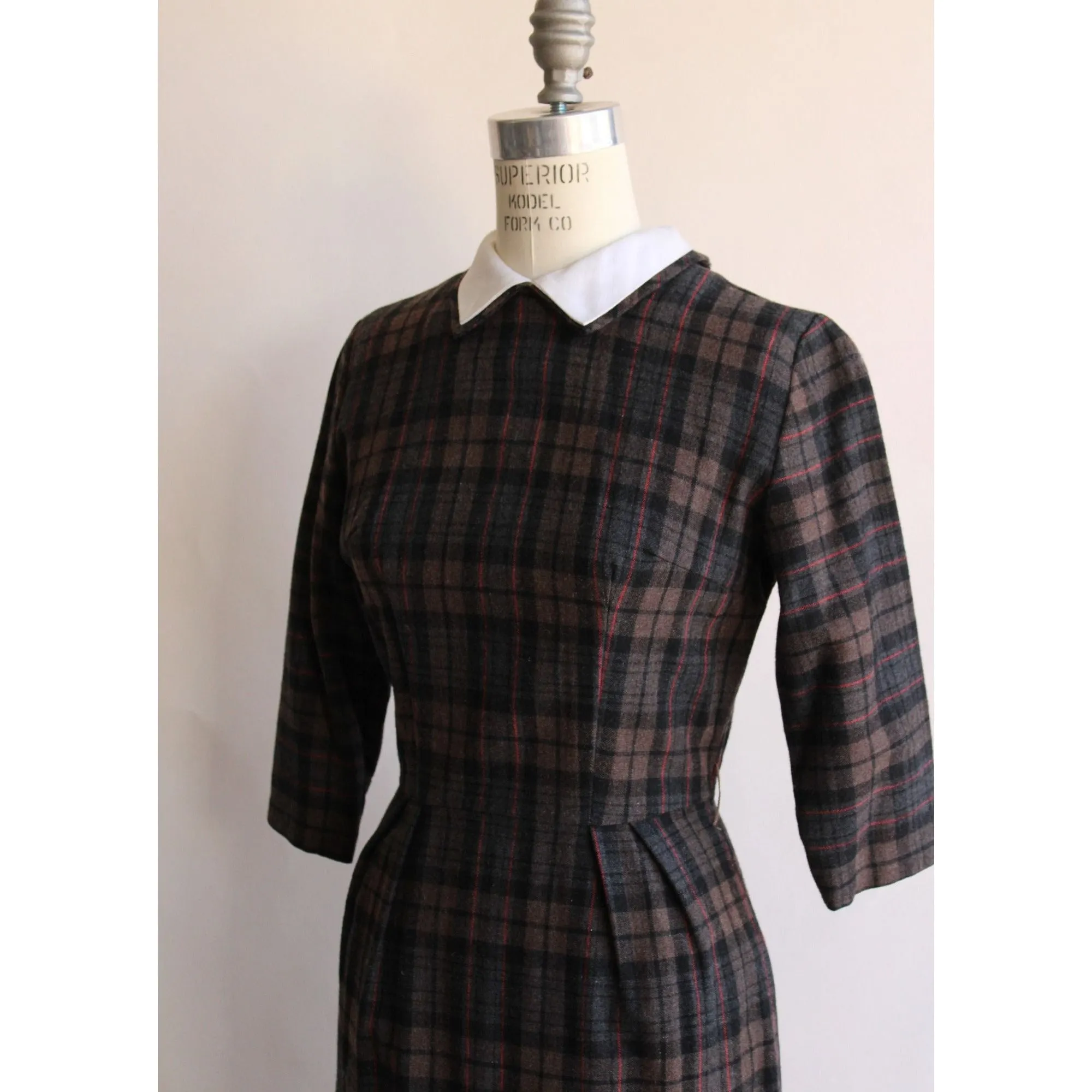 Vintage 1960s Plaid Wool Dress with White Collar