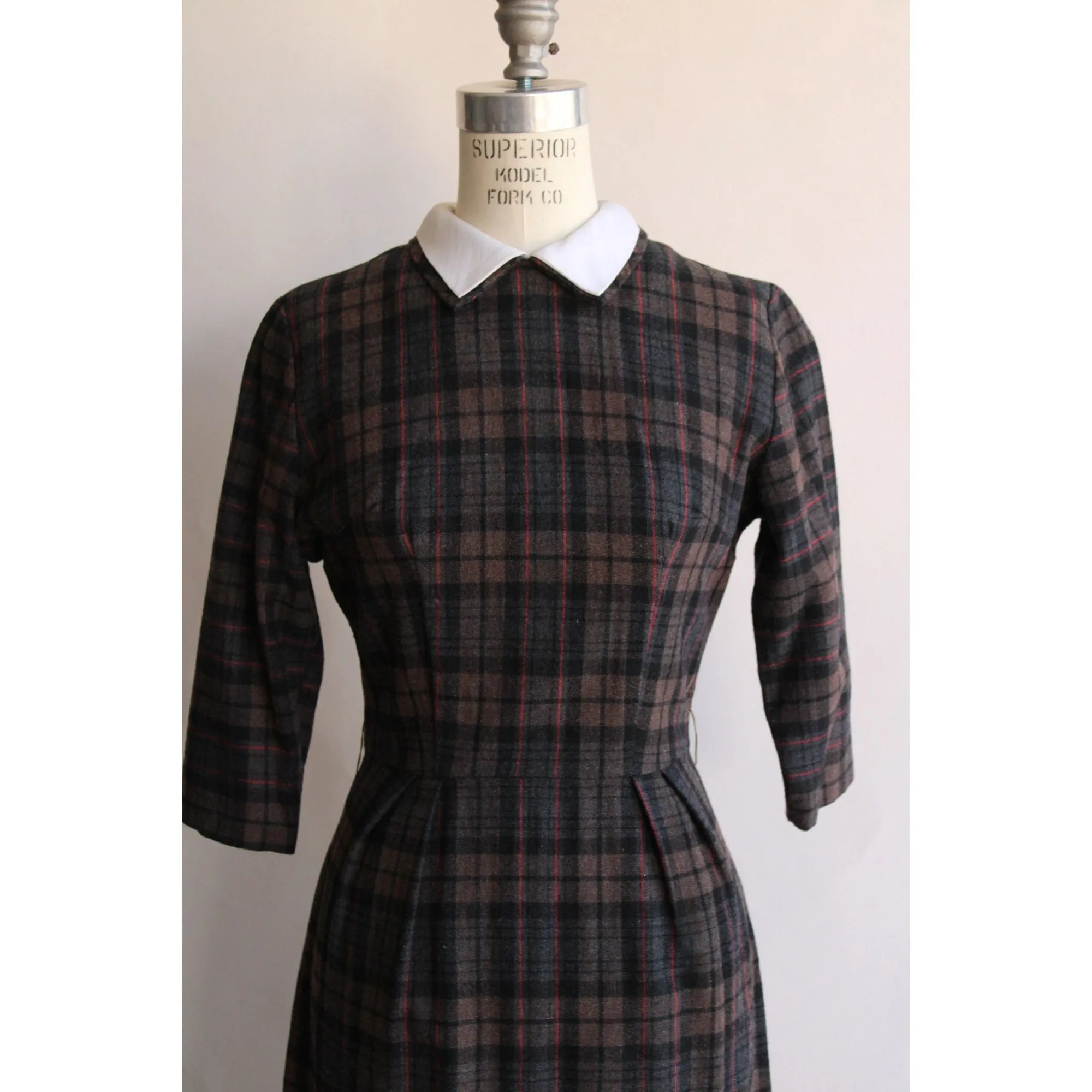 Vintage 1960s Plaid Wool Dress with White Collar