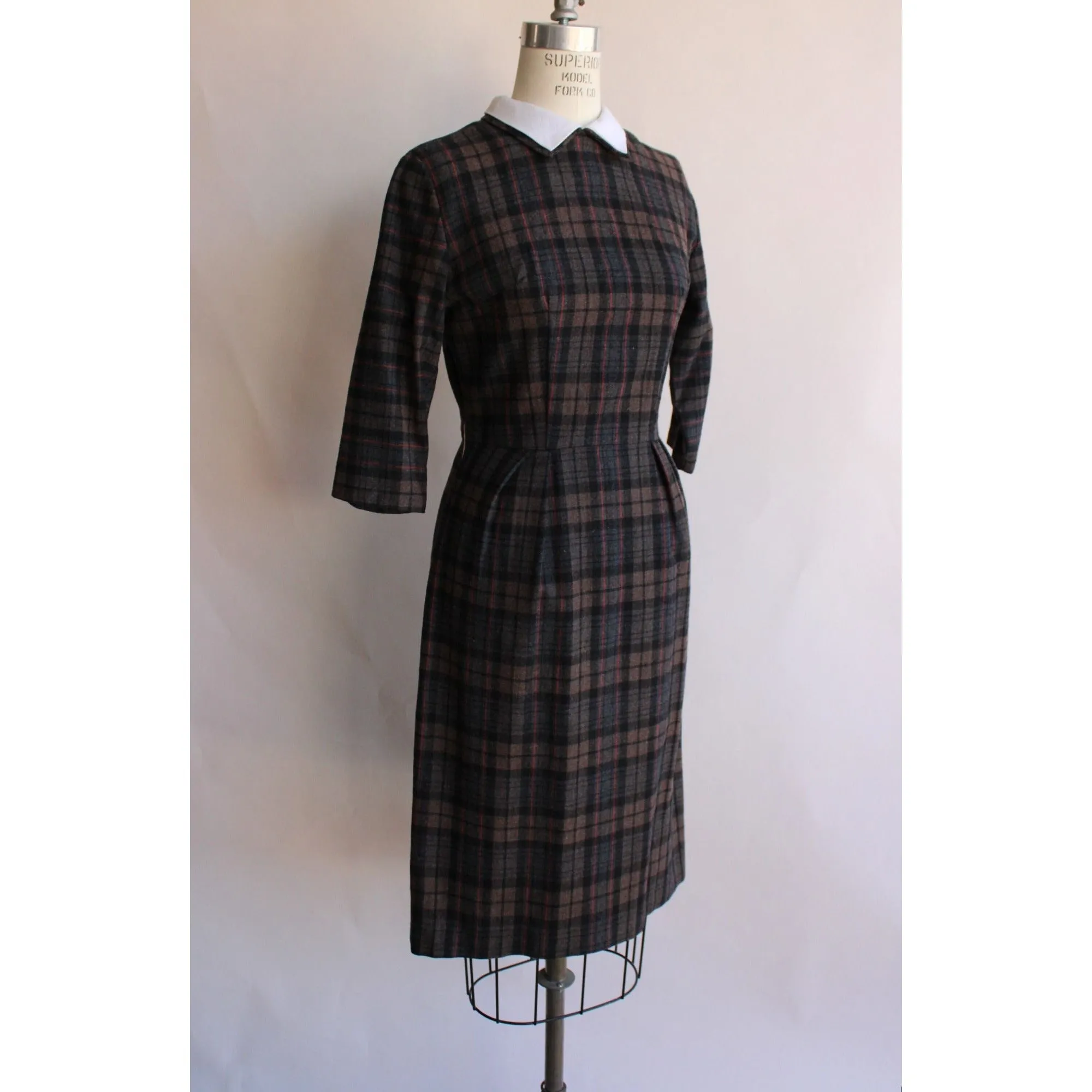 Vintage 1960s Plaid Wool Dress with White Collar