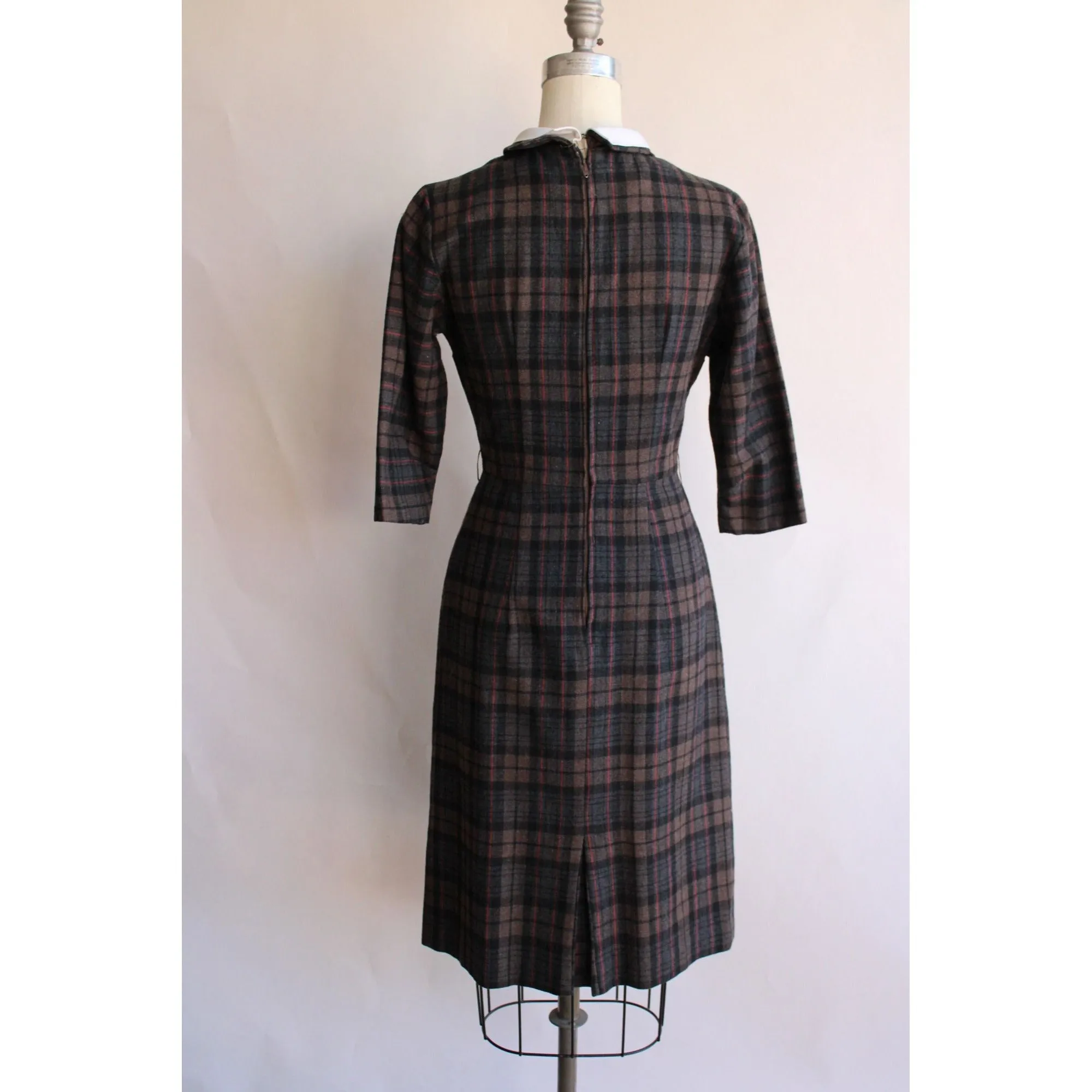 Vintage 1960s Plaid Wool Dress with White Collar