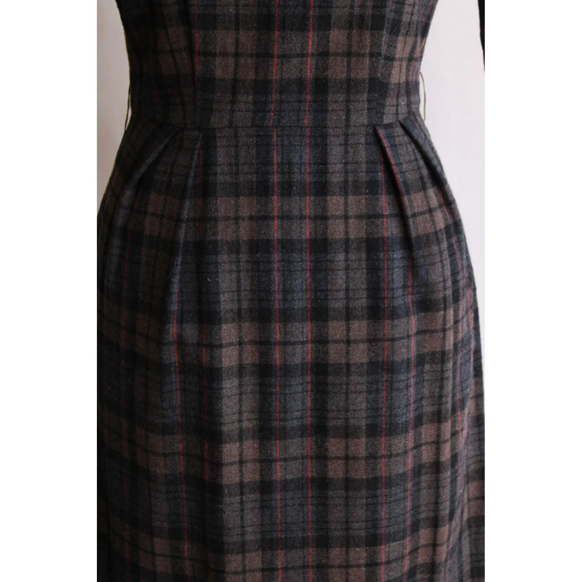 Vintage 1960s Plaid Wool Dress with White Collar