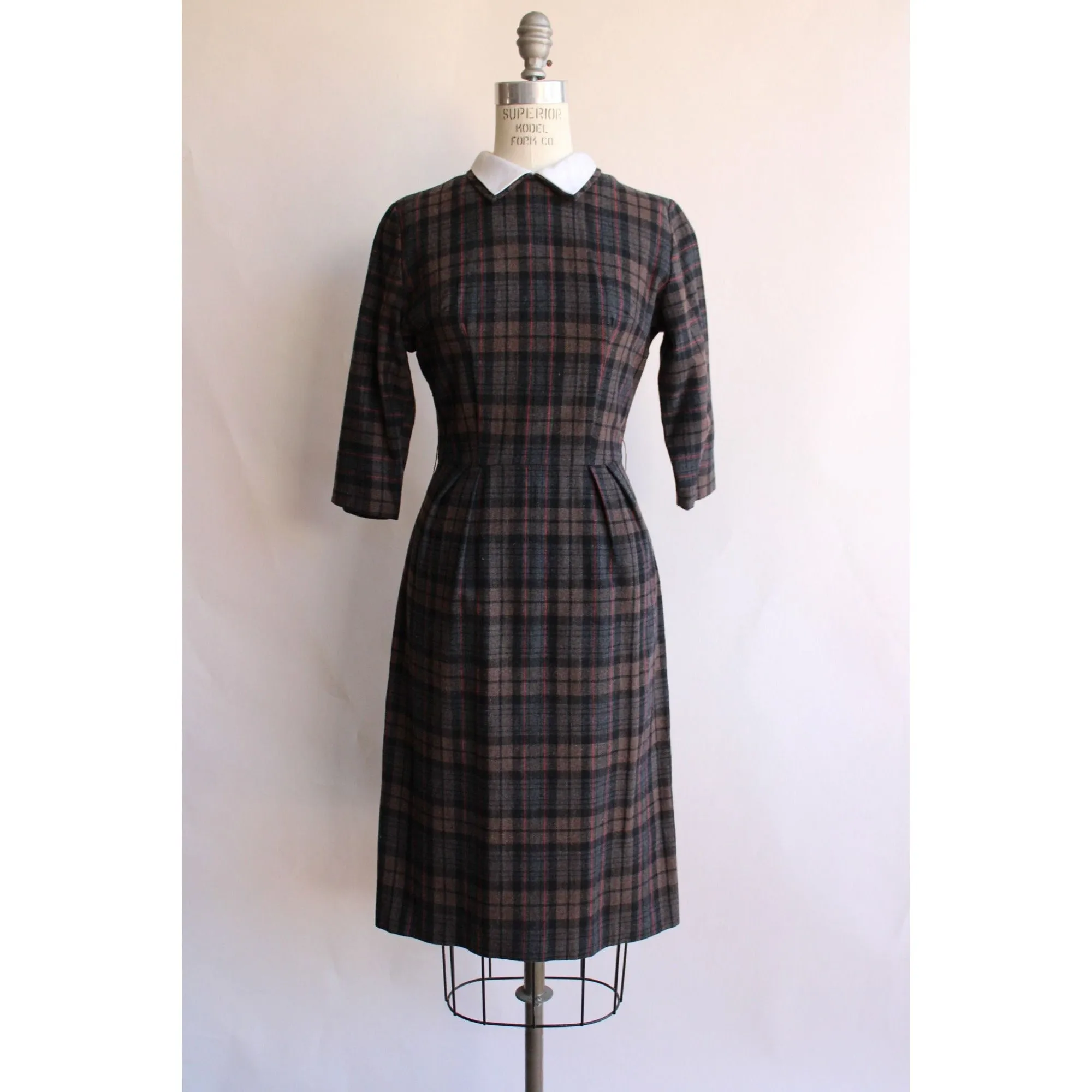 Vintage 1960s Plaid Wool Dress with White Collar