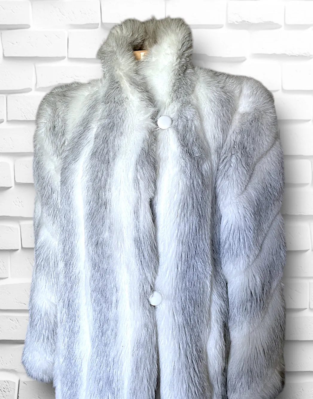 Vintage 1970’s Avec Tu Faux Fur Grey & White Long Overcoat