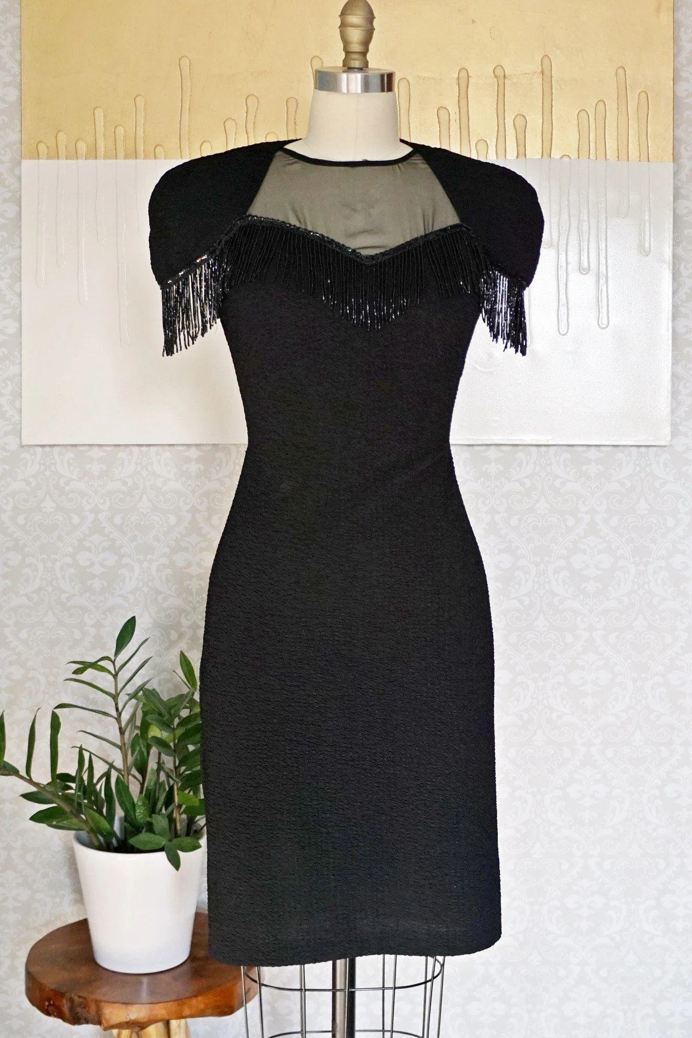 Vintage Beaded Fringe Little Black Dress