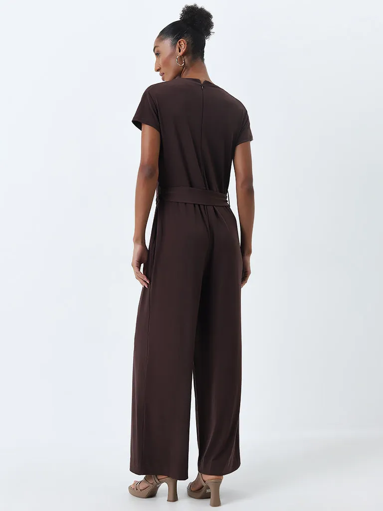 Wardrobe Dark Brown Cowl Neck Jumpsuit with Belt